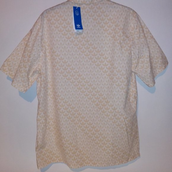 Adidas Button Up Shirt Mens XL Cream Beige Trefoil Allover Print Logo Short Slee - Picture 7 of 9